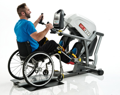 Wheelchair user with recumbent machine.
